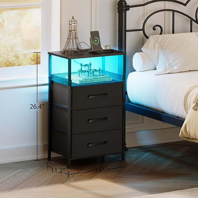 Night Stand Set 2 with Charging Station, 3 Drawer Nightstands with LED Lights, End Table with Outlets and USB Ports, Side Table with Open Shelf, Bedside Tables for Bedroom, Black