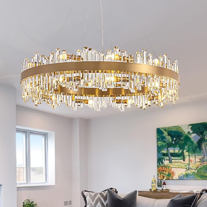 CROSSIO D39.4'' Large Crystal Chandelier, 20-Light Modern Gold 2-Tiers Crystal Raindrop Chandelier, Luxury Round Flush Mount Ceiling Light for Dining Living Room Kitchen Island Entryway Foyer