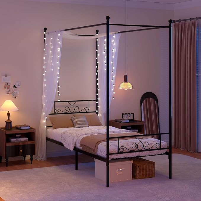 Weehom Twin Canopy Bed Frame with Headboard and Footboard, 4 Posters Metal Bed Frame, No Box Spring Needed, Mattress Foundation Platform Bed for Kids and Adults, Black