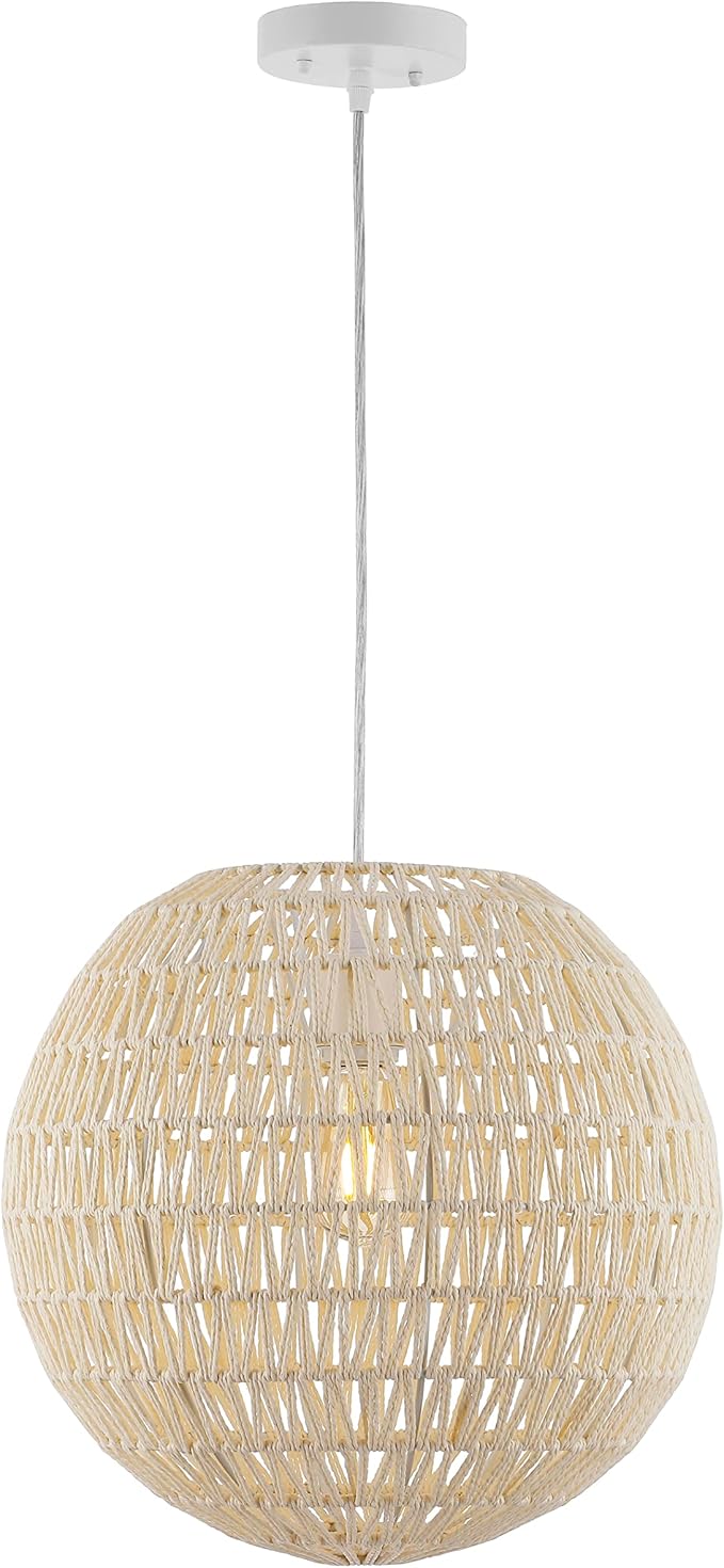 JONATHAN Y 15.75" Cream/White 1-Light Modern Bohemian Woven LED Pendant Light, Adjustable Hanging Ceiling Lamp for Kitchen Island Dining Room, Paper Wicker Shade, Bulb Included (JYL6503B)