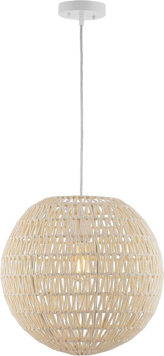 JONATHAN Y 15.75" Cream/White 1-Light Modern Bohemian Woven LED Pendant Light, Adjustable Hanging Ceiling Lamp for Kitchen Island Dining Room, Paper Wicker Shade, Bulb Included (JYL6503B)
