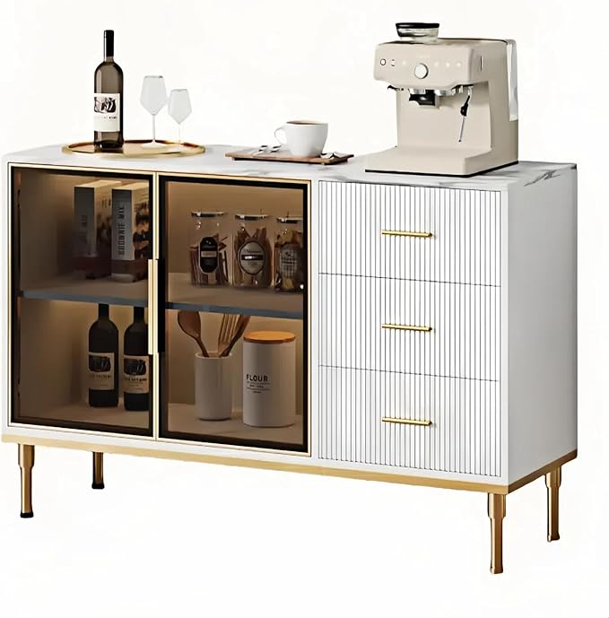 GAOMON Buffet Sideboard Cabinet with Storage, 46.4" Large Fluted Kitchen Sideboard Cabinet with 2 Glass Doors 3 Drawers and Shelves, Faux Marble Top Buffet Table for Dining Room, Living Room, White