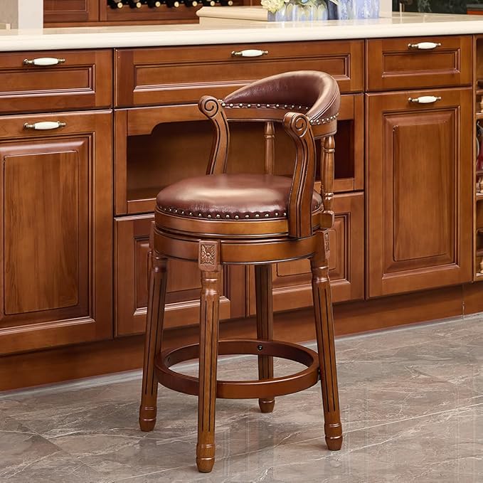 Cow top Leather Wooden Bar Stools, 26" Seat Height Bar Chair with Back, 180 Degrees Swivel Bar Stools Chair for Home Kitchen Counter,Restaurant,1pc (Brown-1pc, Counter Seat Height 26in)