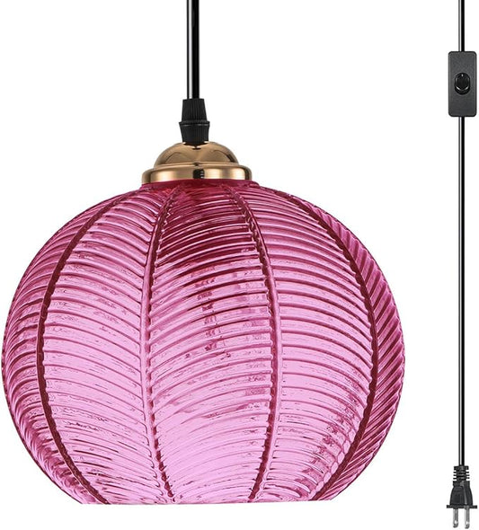 14.75ft Plug in Pendant Light, Vintage Hanging Lamp with Purple shade Glass Plug in Hanging Light Fixture ON Off Switch mid Century Modern Pendant Lights for Dining Room Kitchen Living Room Bedroom