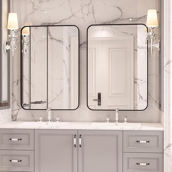 Manocorro 2-Pack Wall Mirror Bathroom Mirror, 20 x 28 Inch Black Rectangular Mirror with Aluminum Alloy Frame, Rounded Corner Hanging Mirror Decor for Entryway, Bedroom, Living Room