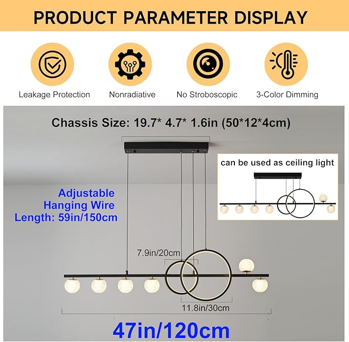 Modern Black Gold Chandeliers for Dining Room, 47in Dimmable LED Chandelier Linear Pendant Light for Kitchen Island, Upgraded 6 Globe Hanging Pendant Chandelier Lighting (2 Rings, 4200lm)