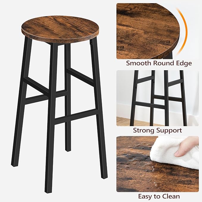Bar Stools, Set of 2 Round Bar Chairs with Footrest, 28 Inch Kitchen Breakfast Bar Chairs, Industrial Bar Stools, Easy Assembly, for Dining Room, Kitchen, Rustic Brown BAHR02701 (Pack of 3)