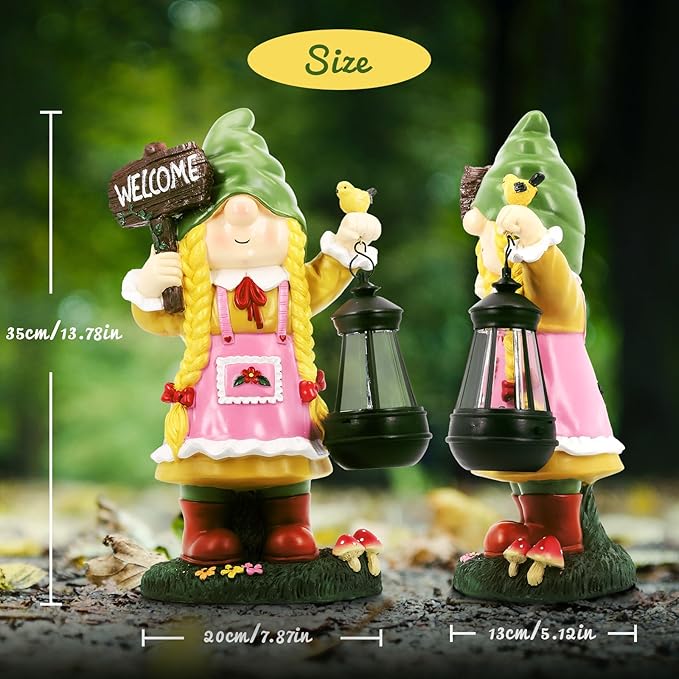 Solar Garden Gnome Outdoor Decor - Solar Garden Gnomes Outdoor Statues - Solar Gilrs Gnomes Decorations for Outside - Large Welcome Garden Gnomes Figurine - Unique Birthday Housewarming Gifts