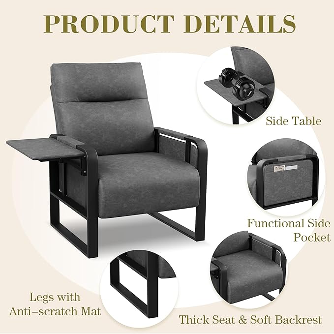 Modern Accent Chair with Side Table PU Leather Upholstered Armchair for Bedroom Leisure Living Room Chairs Office Chair Grey