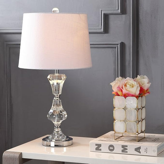 JONATHAN Y 25" Clear Crystal Table Lamp, Glam Traditional Faceted Glass Bedside Lamp for Living Room Bedroom, White Linen Shade, Chrome Accents, LED Bulb Included JYL2040A