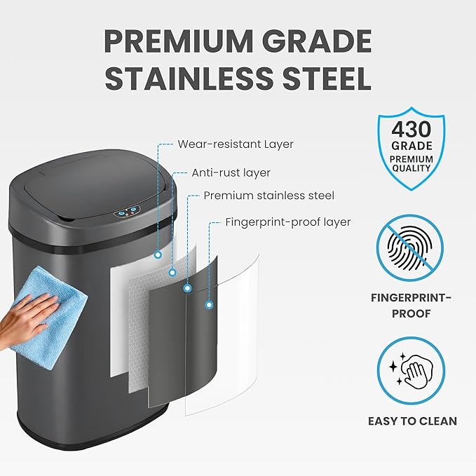 iTouchless 13 Gallon Oval Smart Bin with Odor Filter, 50L Touchless Stainless Steel Kitchen Trash Can, Automatic Motion Lid, Fingerprint-Proof, Executive Dark Metallic Finish, Gunmetal Gray