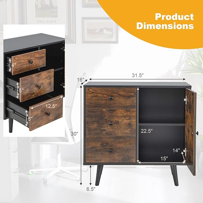 Tangkula Storage Cabinet with 3 Drawers and Door, Industrial Wood Accent Cabinet with Adjustable Shelf, Retro Farmhouse Sideboard Buffet for Kitchen Living Room (Industrial)