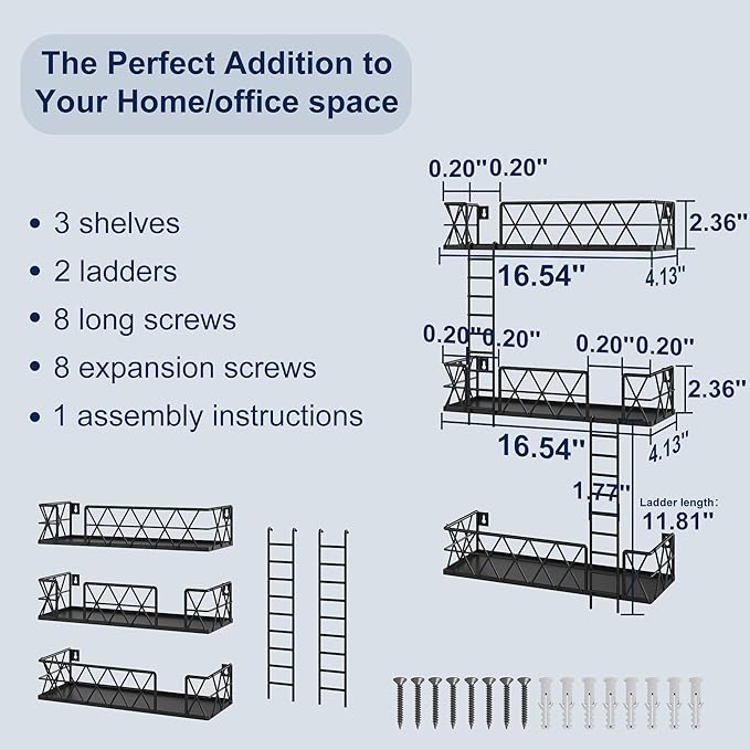 LUDOUR Fire Escape Wall Shelf - 3 Tier Fire Escape Ladder Wall Shelf 16.5’’ Long, New York Metal Decorative Shelf for Action Figure Display, Black Floating Wall Shelves for Bedroom, Home Décor.