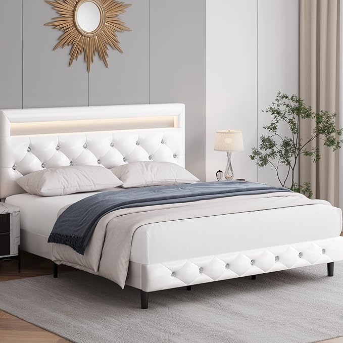 Keyluv Modern Upholstered Queen Bed Frame with LED Lights, Faux Leather Low Profile Platform Bed Frame, Adjustable Crystal Button Tufted Headboard, Strong Wood Slat Support, Easy Assembly, White