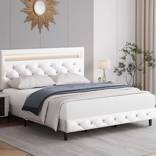 Keyluv Modern Upholstered Queen Bed Frame with LED Lights, Faux Leather Low Profile Platform Bed Frame, Adjustable Crystal Button Tufted Headboard, Strong Wood Slat Support, Easy Assembly, White