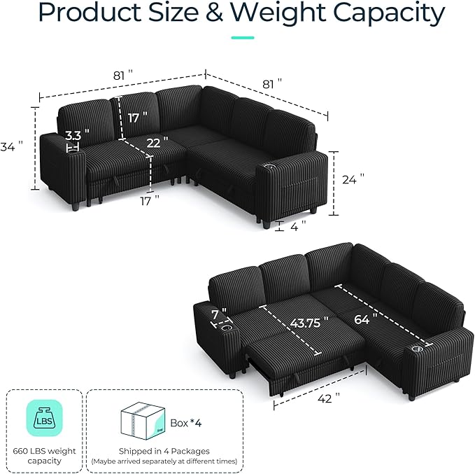 LINSY HOME Sectional Sleeper Sofa Pull Out Couches for Living Room (Black, Sleeper Sofa 2) | Pull Out Sofa Bed, Storage, USB Charging, Cup Holders, Plush Corduroy | Pull Out Sofa Bed, Storage, USB Charging, Cup Holders, Plush Corduroy