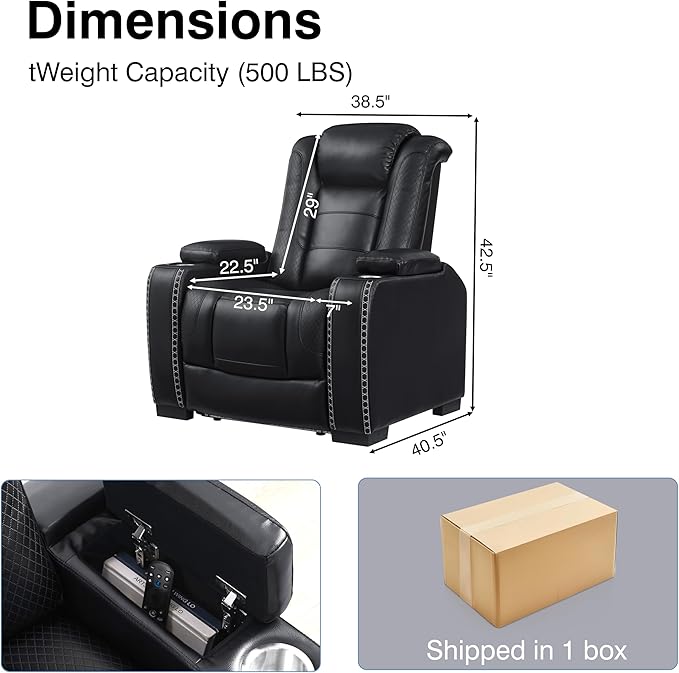 THSUPER Brown Leather Power Theater Recliner Chair with Arm Storage and LED Lights, Reclining with Power Headrest and Cup Holders for Living Room Furniture. Black Chair