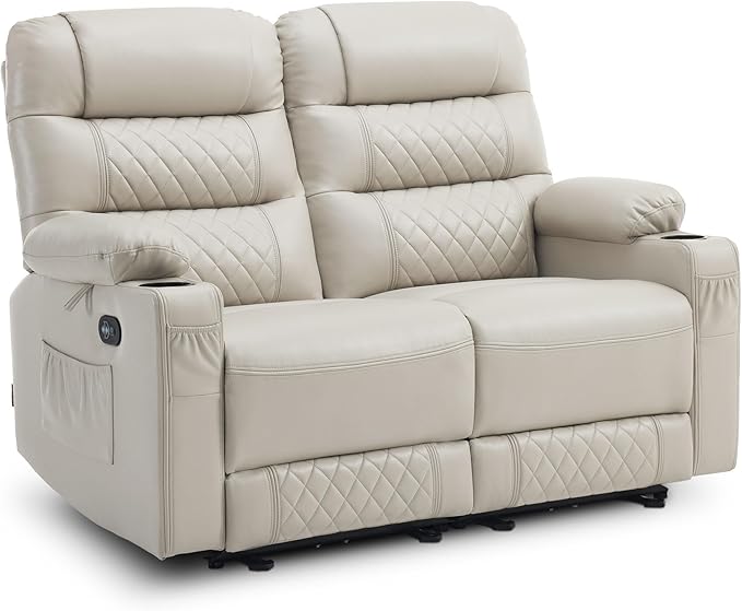 MCombo 56.3" Zero Gravity Power Loveseat Recliner with Heat and Vibration Massage, Reclining Loveseat Sofa with USB Ports, Cup Holders for Living Room, Faux Leather PR622Sets (Light Grey)