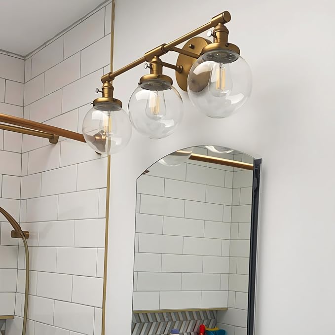 PERMO Bathroom Vanity Light Vintage 3 Light Wall Sconces with 5.9" Round Clear Glass Globe Shade (Antique Gold)