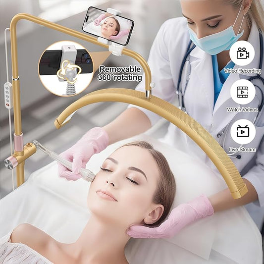 AURELLE Half Moon Lash Light - Adjustable LED Floor Lash Lamp with 4X Magnifier & Phone Holder for Eyelash Extensions,Nail Art,Tattoo,Skincare,Salon SPA-Dimmable Brightness,Rotating Head, Gold