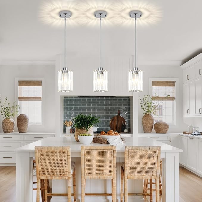 Chrome Pendant Lights,3 Pack Crystal Pendant Lighting for Kitchen Island, Modern Mini Kitchen Chandeliers Hanging Pendant Lights for Bedroom Dining Room Hallway