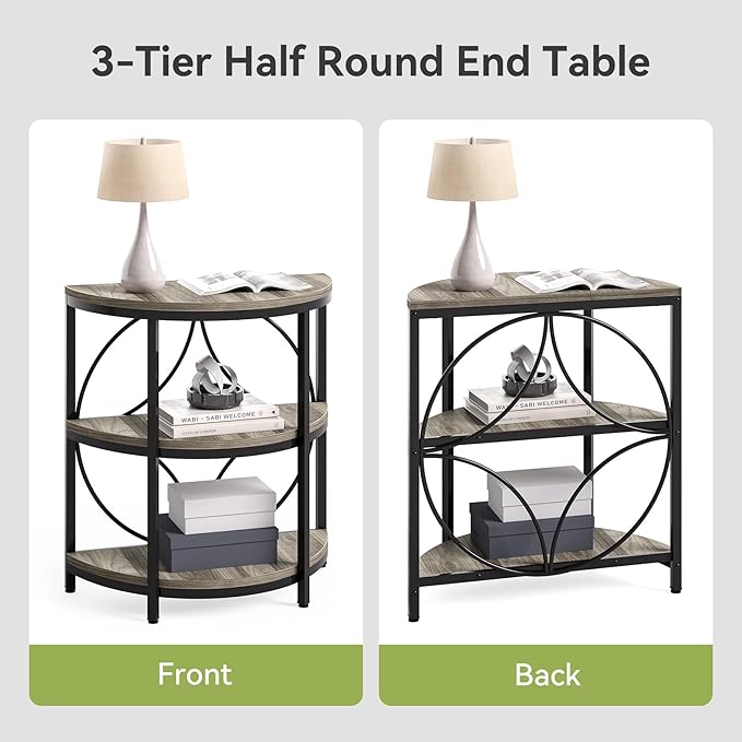 LITTLE TREE Half Moon End Table, Half Round Side Table for Living Room, 3-Tier Half Circle Night Stand for Bedroom, Grey Small Wood Accent Table for Couch, Sofa, Bed