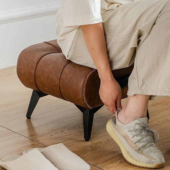 Small Footstool Ottoman - Stylish and Functional Faux Leather Footrest for Extra Seating in Living Room, Entryway, or Office
