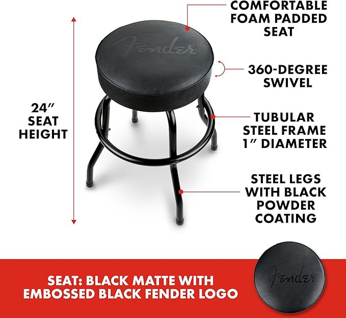 Fender Embossed Black Logo Swivel Barstool, Great Gifts for Dad, with 1 Year Limited Warranty, Simple Assembly, Black/Black, 24"