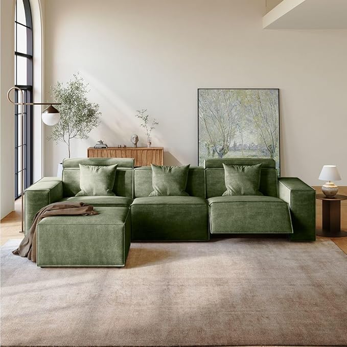 115" Power Sofa,Modular Sectional Couches for Living Room,Modern Large Sofa with Recliners,Comfy Velvet Cloud Couch with Deep Seat with 1 Ottoman,Pet Friendly,Free Combination for Home(Green)