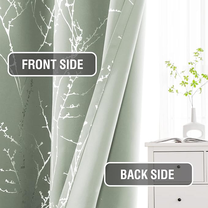 H.VERSAILTEX Blackout Curtains for Bedroom Foil Print Twig Tree Branch Thermal Insulated Grommet Curtain Drapes Light Blocking Thick Soft Window Curtains for Living 52 x 63 Inch, 2 Panels, Sage