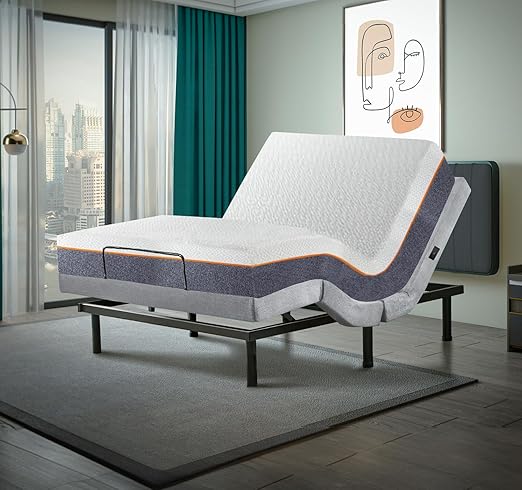 Queen Adjustable Bed Base with 10 Inch Gel Memory Foam Mattress Combo, Massage, Underbed Light, Wireless Remote