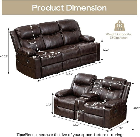 Recliner Sofa Set - Reclining Sofa Couch Set, 2 Pieces Recliner Furniture Sofa Set, 3-Seater Reclining Sofa & 2-Seater Reclining Loveseat with Massage & Heat for Living Room (Brown) | Cup Holder, Side pocket, Storage, Console