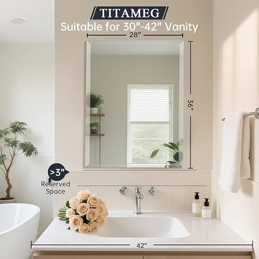 28x36 Inch Frameless Wall Mirror with 1" Beveled Edge, Frameless Rectangle Mirror for Bathroom, Vanity, Living Room