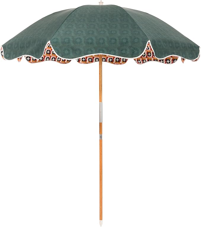 Business & Pleasure Co. Rio Umbrella Scalloped Brim For Beach, Patio or Picnic - 6' Boho Beach Umbrella, 7' Tall Wood Pole, UPF 50+
