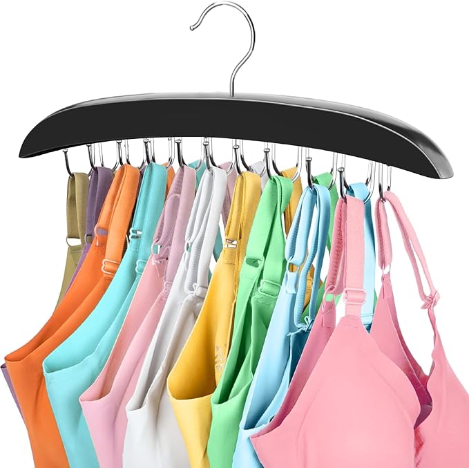 360 Rotating Bra Organizer, Space Saving w/20 Foldable Metal Hooks, Tank Top Hanger Closet Organizers and Storage for Camisoles/Tank Tops/Belts/Scarves Black