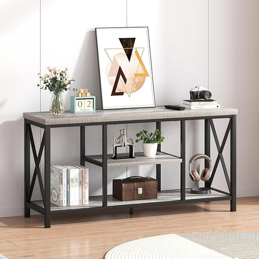 FOLUBAN Modern TV Stand for TVs up to 55 Inch, Rustic Wood Entertainment Center with Storage Shelves, Industrial Media TV Console and TV Table for Living Room Bedroom, 47 Inch Light Grey