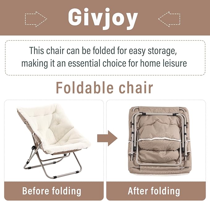 Living Room Chair, Soft Faux Fur Folded Chair Oversized Folding Accent Chairs, Furry Lazy Chairs, Metal Frame Moon Chair for Bedroom, Living Room