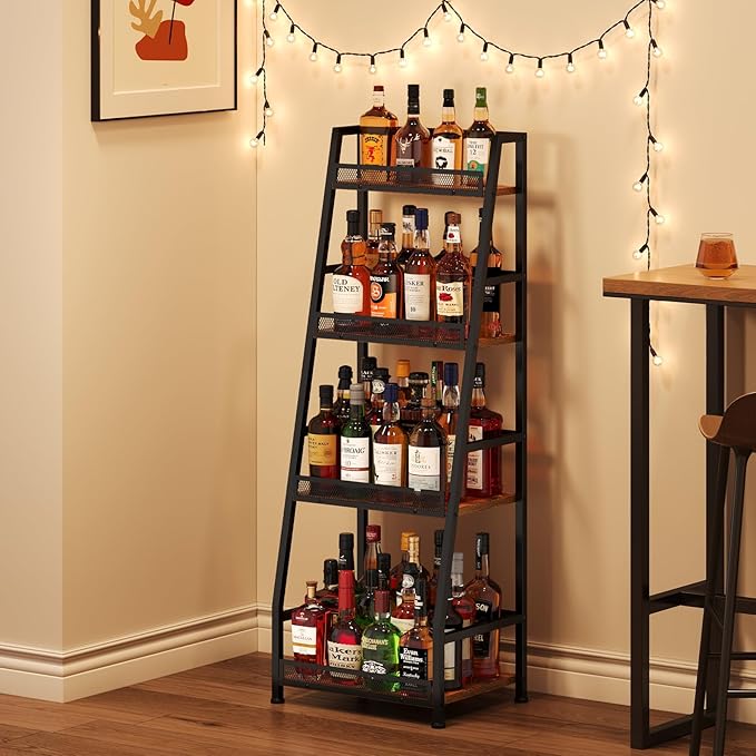 4-Tier Trapezoid Liquor Stand for Home Bar, Stepped Wine Rack Freestanding Floor for Liquor Whiskey Wine, Versatile Corner Wine Bottle Display Stand with Fences, Vintage Brown（Patent Pending）