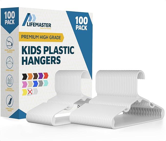 Lifemaster Plastic Kids Clothes Hanger – Children Clothes Hanger with Shoulder Notch, 11.6 Inch Space-Saving Closet Organizer for Baby, Toddler, and Kids Clothing, Hold Up To 5 lbs, Pack of 100, White