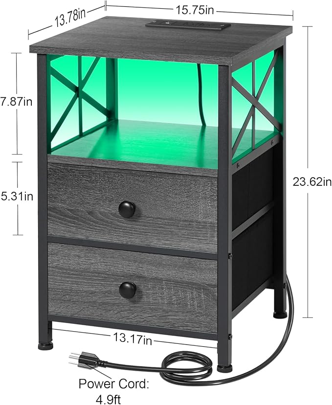 AMHANCIBLE Night Stand Set of 2 with Charging Station and LED Lights, Large 2-Drawer Bedside Tables with USB Ports and AC Outlets, Modern Nightstand for Bedroom, Dark Grey HET052LDG