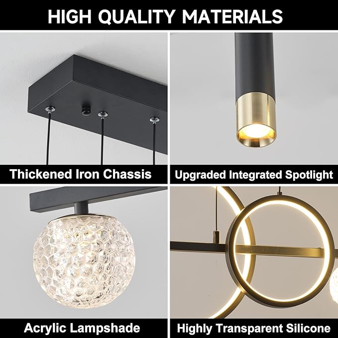 Modern LED Pendant Lights, Dimmable 47in Linear LED Chandelier Lighting, Upgraded Black & Gold Dining Room Hanging Light Fixtures Kitchen Island Globe Pendant Light for Dining Table (4200lm)