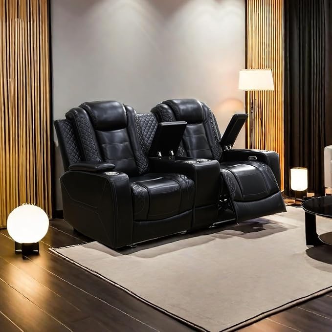 A Ainehome Power Leather Recliner Sofa Set with LED Lights, Recliner Sofa Sectional Couches for Living Room, Reclining Sofa, loveseat, Chair with USB Port/Storage Console/Cup Holder(Black,loveseat)