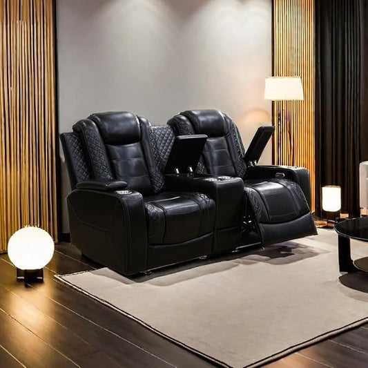 A Ainehome Power Leather Recliner Sofa Set with LED Lights, Recliner Sofa Sectional Couches for Living Room, Reclining Sofa, loveseat, Chair with USB Port/Storage Console/Cup Holder(Black,loveseat)