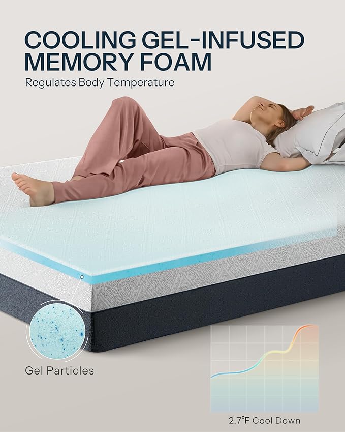 King Size Mattress, 8 Inch Cooling Gel Memory Foam Mattress, Motion Isolation in Made in USA Mattresses in a Box, Fiberglass Free, Medium Firm, Pressure Relief, CertiPUR-US Certified, CY-8-K