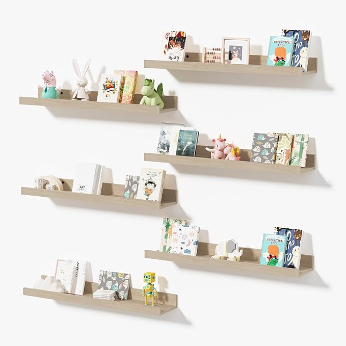 Wall Shelves for Living Room, Nursery Book Shelves Oak Bathroom Shelves Over Toilet Floating Shelves for Wall, Modern Wood Storage for Bedroom, Kid's Room, Kitchen, 24inch, Set of 6