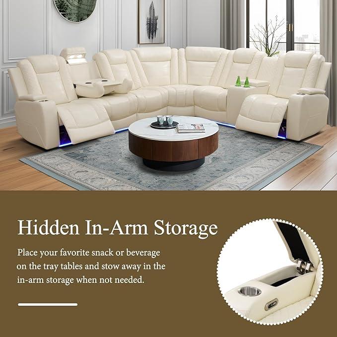 Power Recliner Sectional Sofa,Breathing Leather Reclining Sectional Couches for Living Room, Living Room Furnitures Sets with Cup Holder/USB Charge for Home Office Theater (Creamy White2)