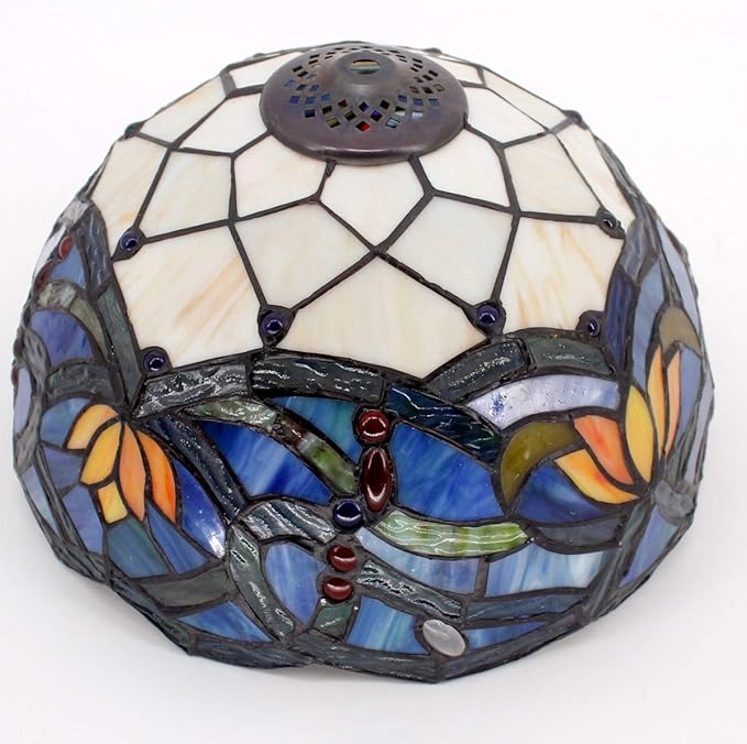 WERFACTORY Tiffany Table Lamp Stained Glass Bedside Lamp Blue Lotus Desk Reading Light 12X12X18 Inches Decor Bedroom Living Room Home Office S220 Series