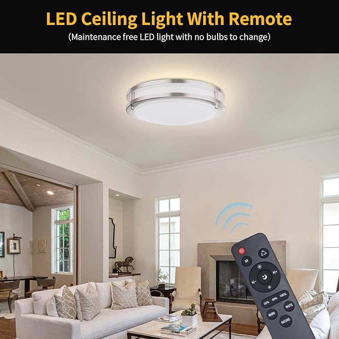 Flush Mount Ceiling Light with Remote: 10 Inch Lights Fixture, 3000K-4500K-6000K Adjustable 3 Color Temperature, Dimmable Lighting Fixtures for Kitchen Bedroom Hardwired Installation (Silver)