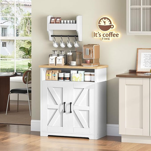 Coffee Bar Cabinet, Kitchen Island with Storage, Farmhouse Sideboard Buffet Cabinet with Dual-Purpose Floating Shelf and Hooks, for Kitchen Living Room, White and Natural KF22WN