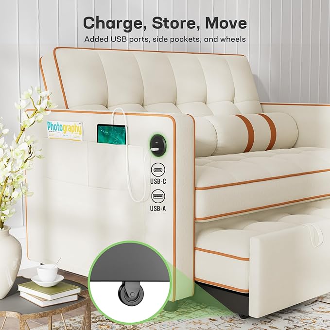 Marsail 3-in-1 Convertible Futon Sleeper Sofa Bed, Pull Out Couch with Adjustable Backrest, USB Charging & Side Pockets, Velvet Fabric Sofa Loveseat for Living Room, Apartment, Ivory White